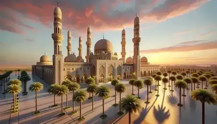 Mezquita islámica tradicional con cúpula central y minaretes al atardecer, cielo en tonos anaranjados y rosados, y siluetas de palmeras.