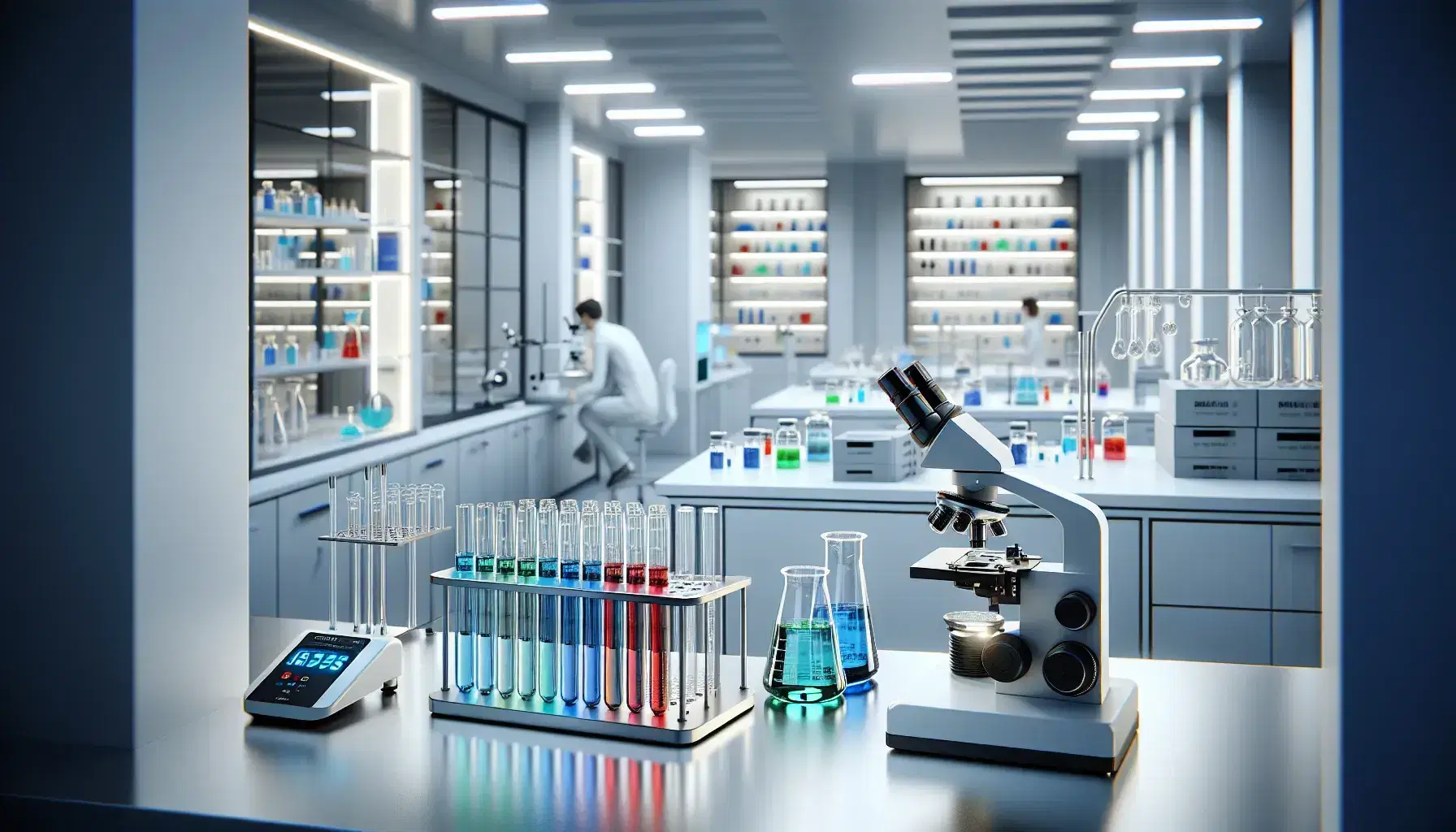 Laboratorio científico moderno con tubos de ensayo coloridos, microscopio y balanza digital, y un científico trabajando en segundo plano.