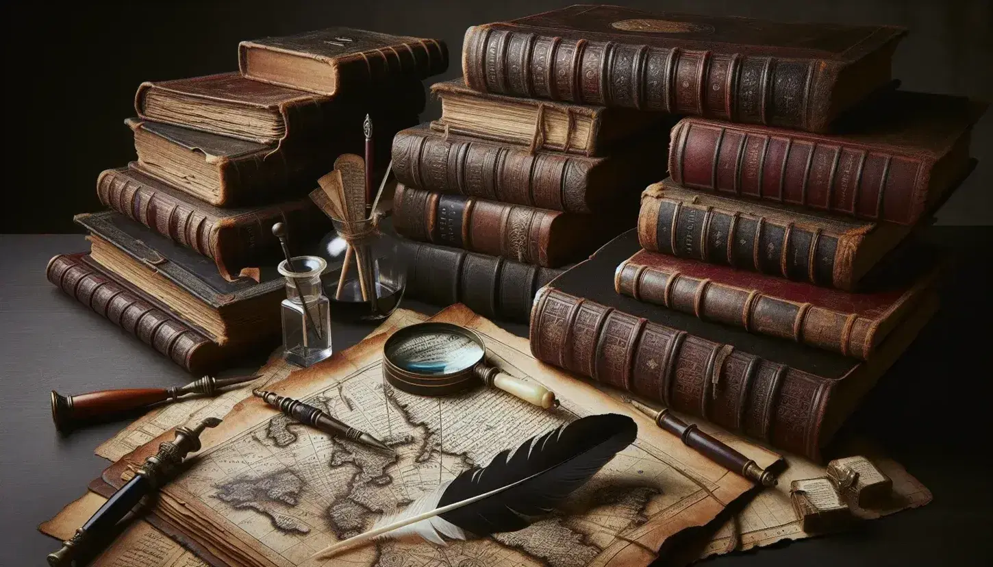 Collezione di libri antichi con copertine in cuoio, rinforzi metallici, lente d'ingrandimento, penna d'oca e mappa antica su tavolo scuro.