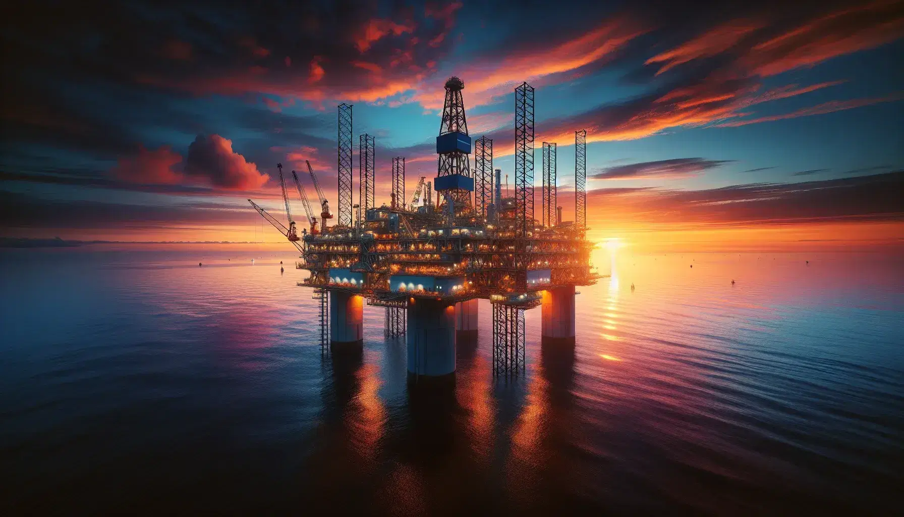 Plataforma petrolera en alta mar con estructura metálica iluminada contra un cielo de atardecer en tonos naranja y rosa, reflejando en aguas tranquilas.