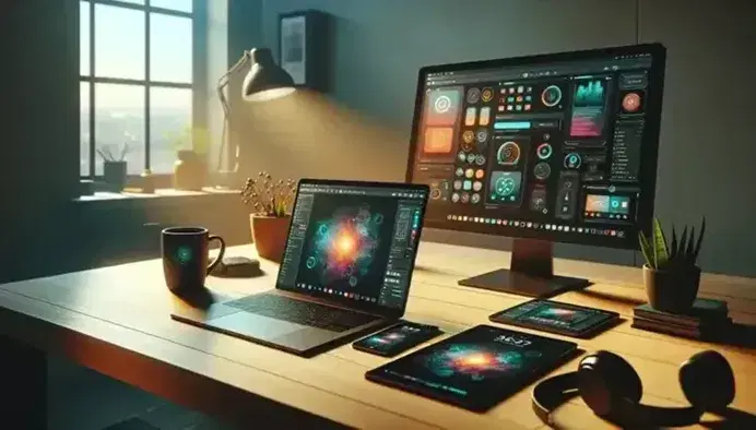 Scrivania in legno chiaro con laptop, tablet e smartphone accesi, monitor spento, pianta, cuffie e tazza di caffè, illuminazione naturale.