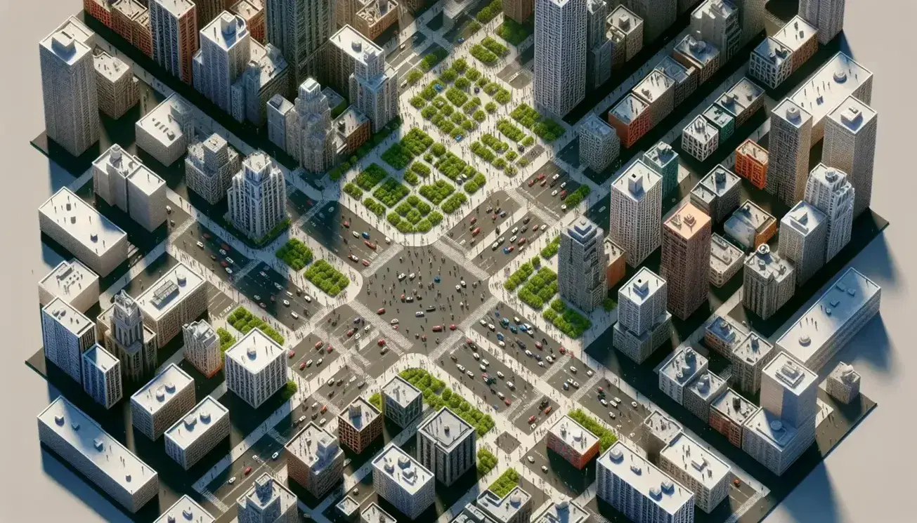 Vista aérea de intersección en ciudad densamente poblada con edificios variados, calles con tráfico y espacios verdes, en día soleado sin nubes.