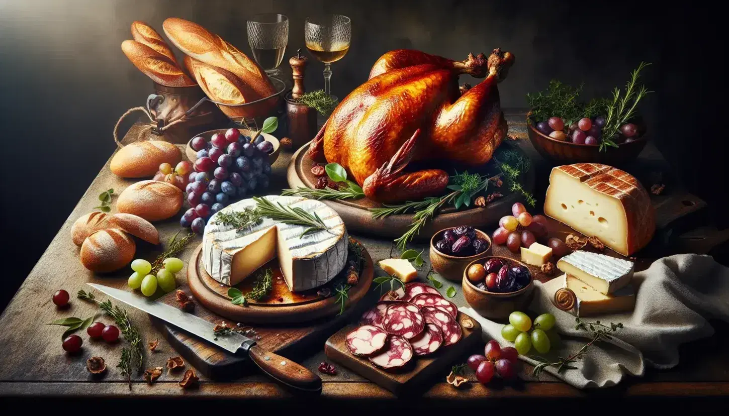 Sumptuous French cuisine spread on a wooden table featuring roasted chicken, Brie cheese, grapes, cured meats, crusty baguette, olives, radishes, red wine, and colorful macarons.