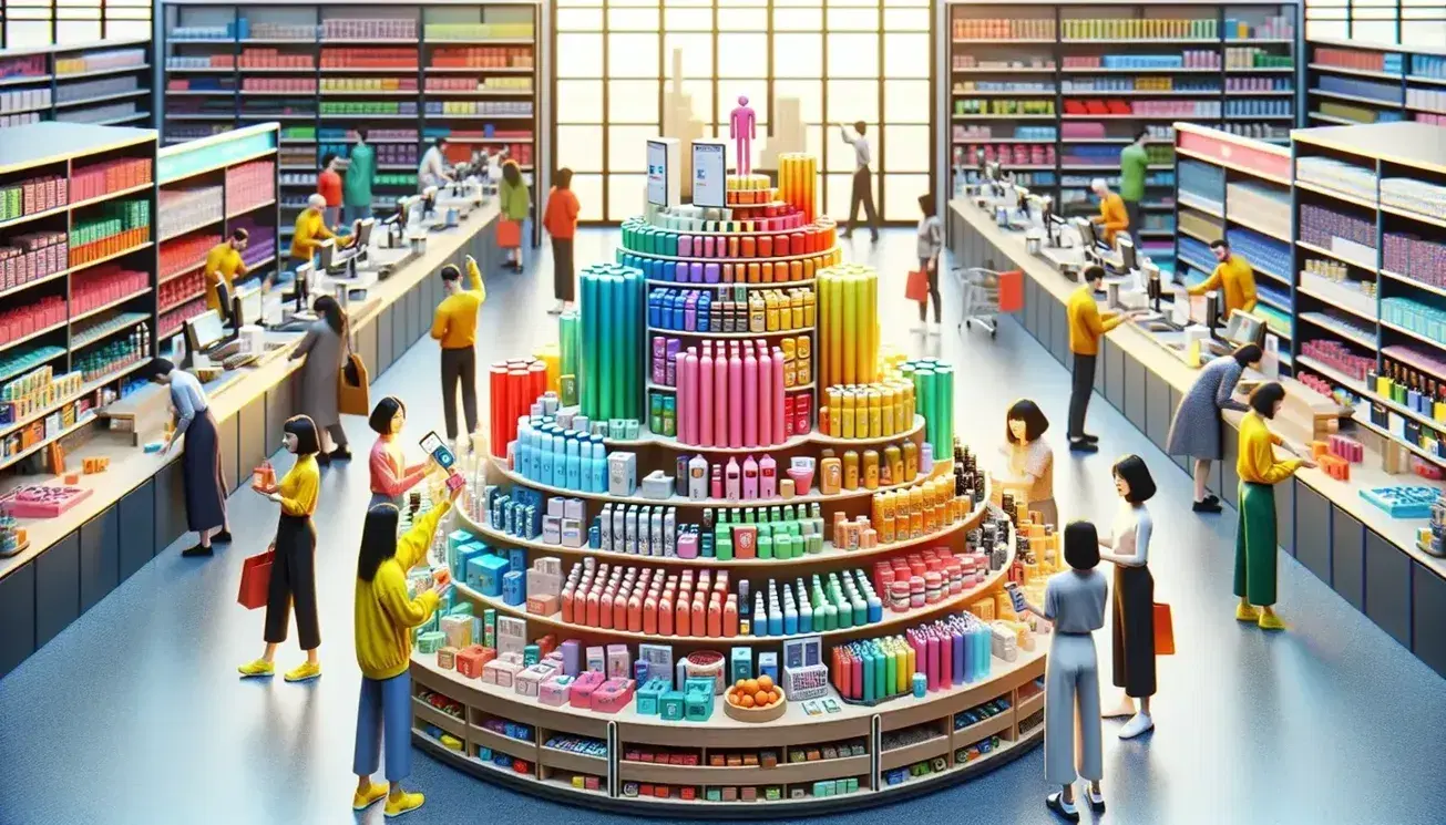 Shoppers browse colorful, unbranded products on tiered shelves in a bright retail store, with a cashier assisting a customer at the checkout.