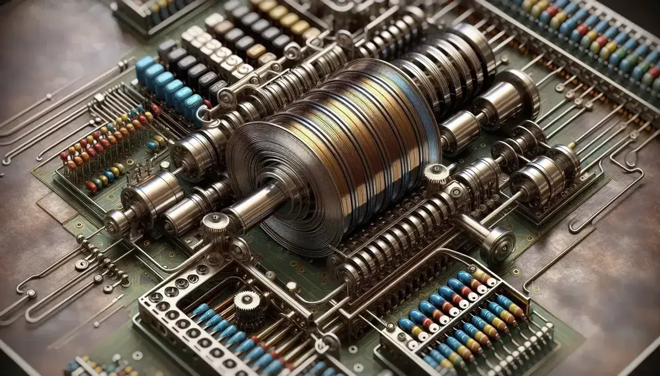 Close-up of an internal mechanism of a Turing machine with a metal head, segmented ribbon, brass gears and colorful electronic components.