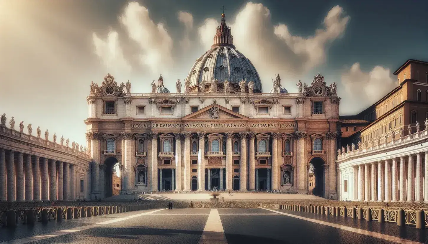 Facciata della Basilica di San Pietro in Vaticano con colonne corinzie, statuette degli apostoli e cupola di Michelangelo su cielo azzurro.