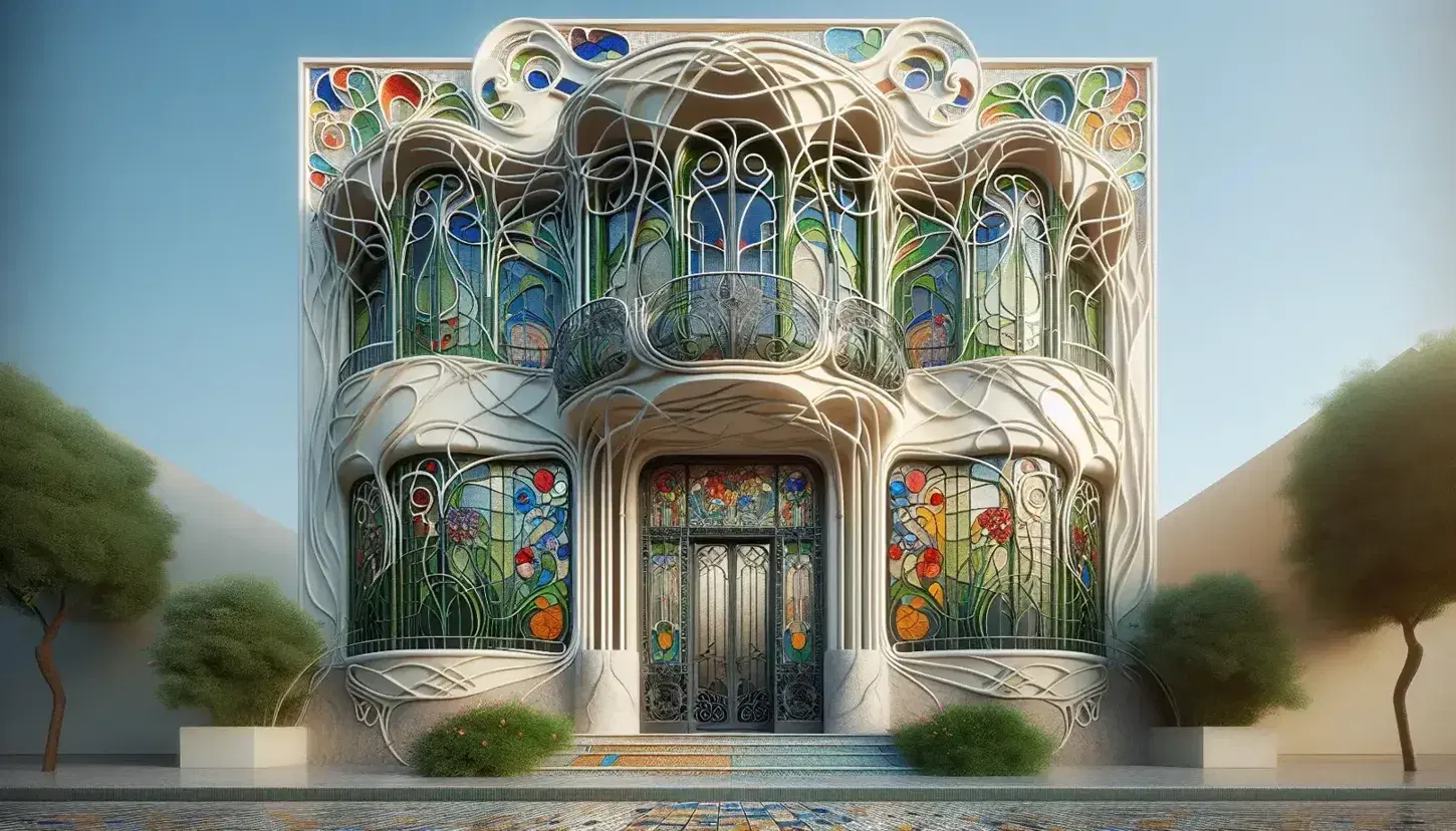 Facciata in stile Art Nouveau con balcone in ferro battuto, vetrate colorate e colonne decorate, immersa in vegetazione sotto cielo azzurro.