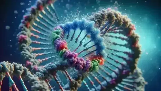 Three-dimensional structure of double helix DNA with colored paired bases and bound detailed protein complex, on blurred background.