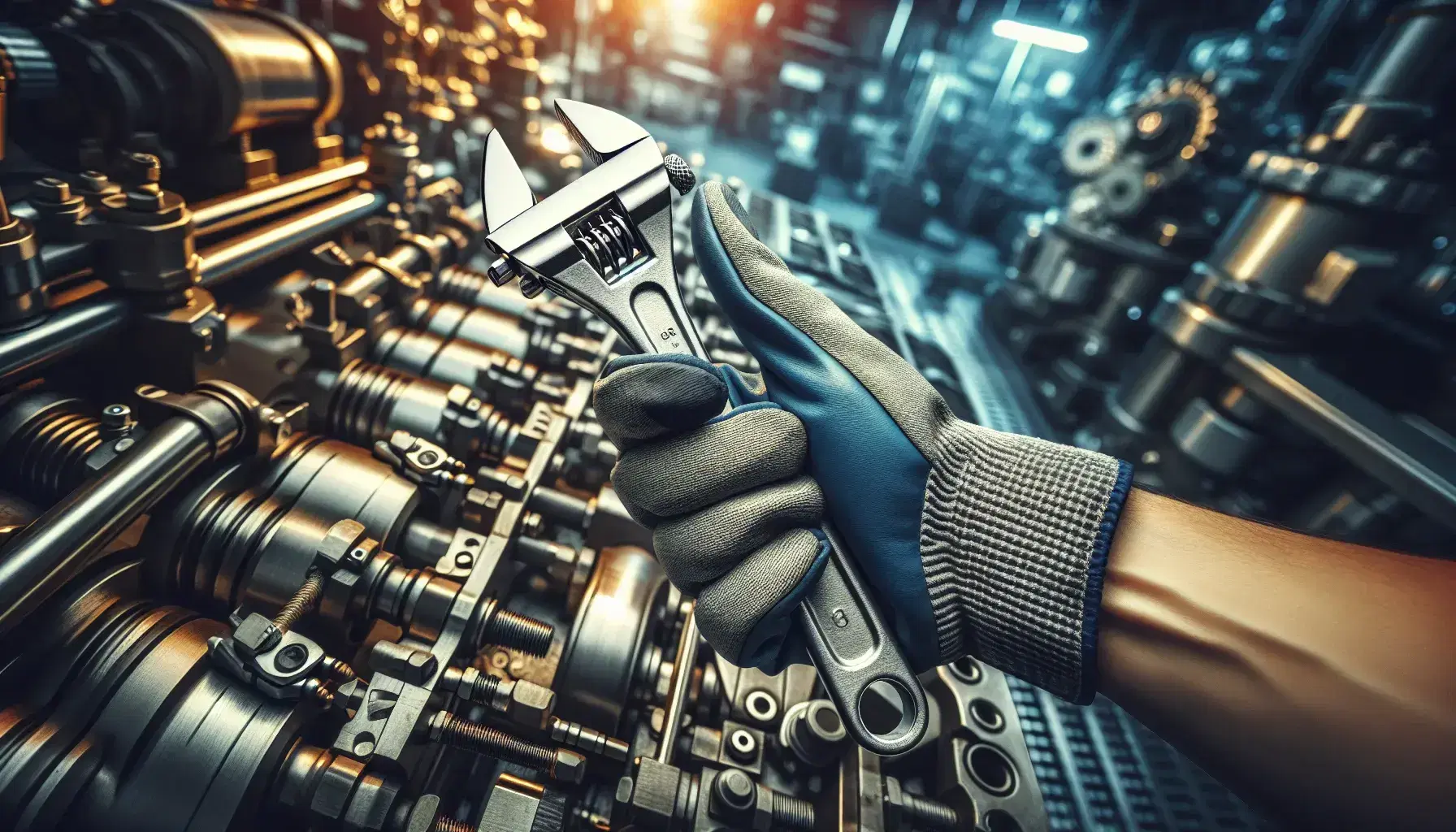 Manos con guantes azules ajustando con llave inglesa en entorno industrial borroso, enfatizando trabajo de mantenimiento y precisión.