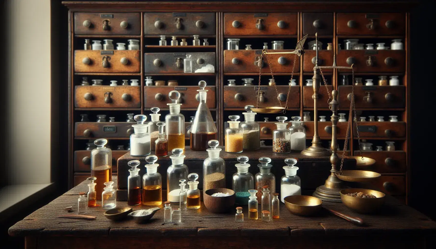 Vintage apothecary with glass bottles of colored powders and liquids, brass balance scale, marble mortar and pestle, and a sunlit herb garden view.
