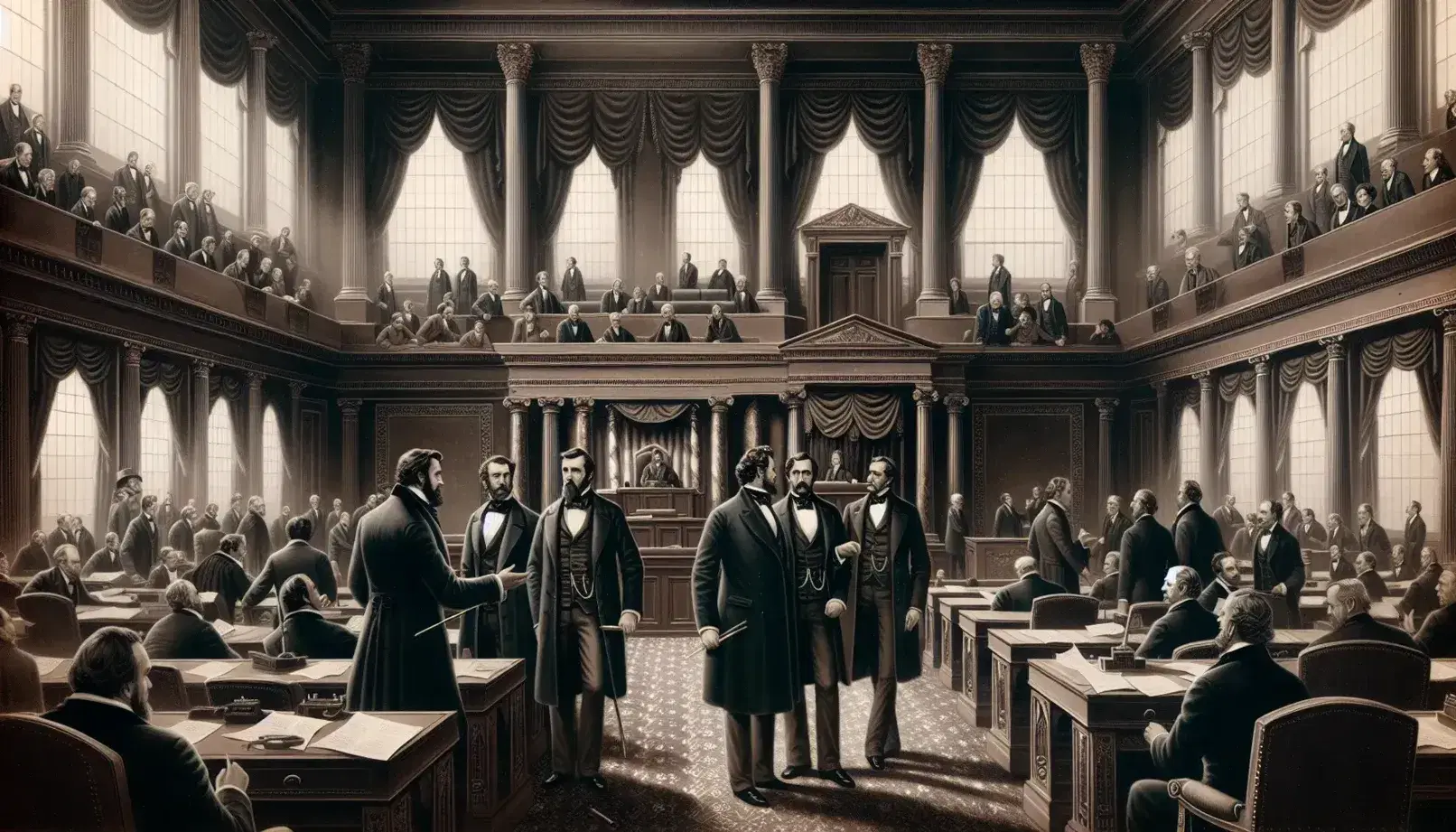 Historical scene in the US House of Representatives in the 1860s, men in period clothing discuss laws, bright environment.