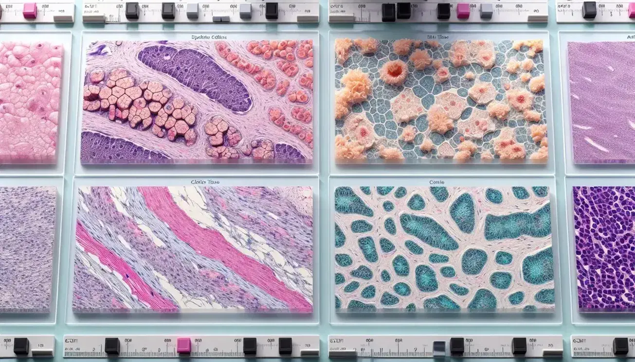 Muestras de tejidos humanos en portaobjetos de microscopio, incluyendo tejido epitelial, conectivo, adiposo y muscular, dispuestos horizontalmente en laboratorio.