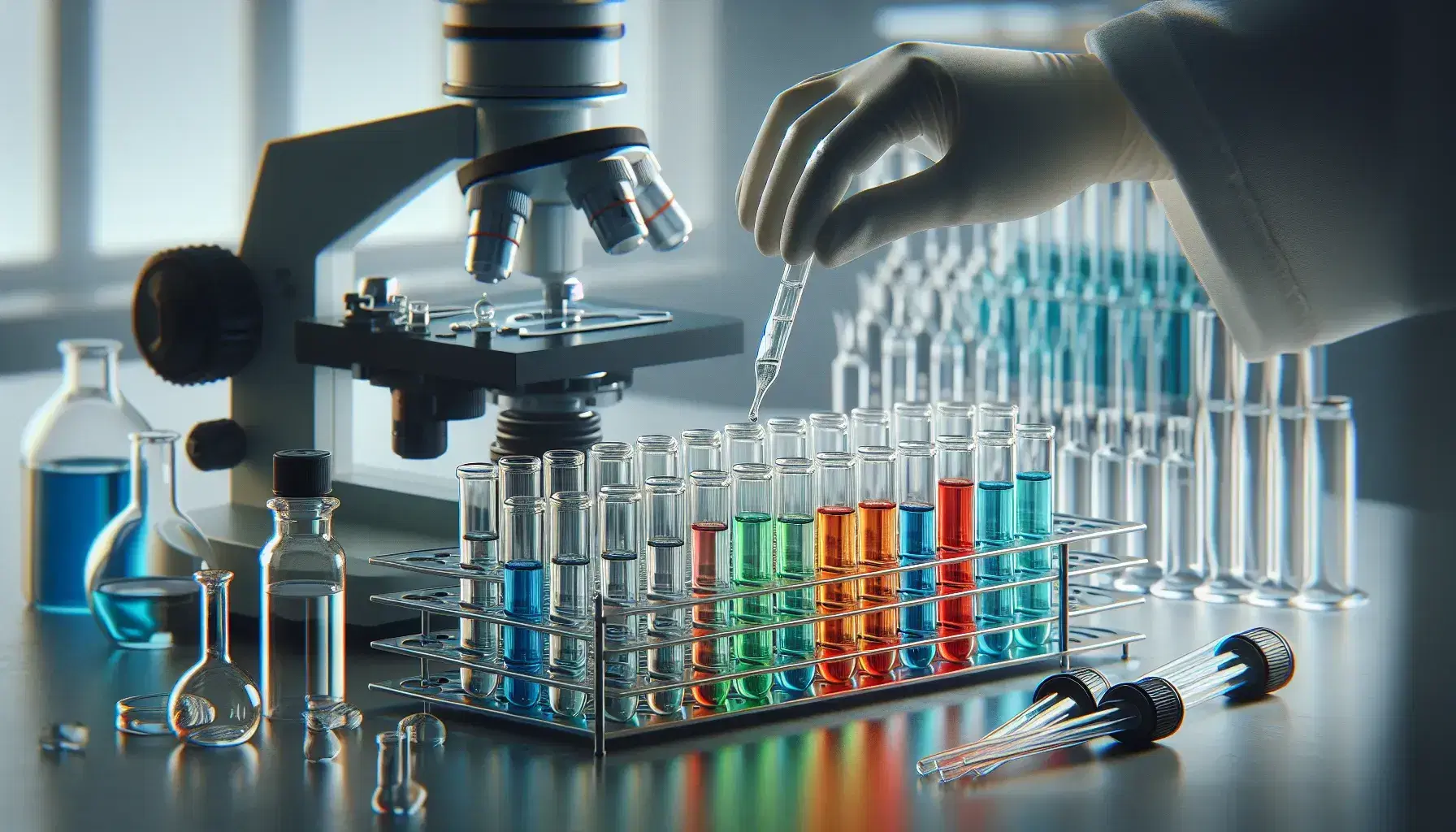Provette di vetro con liquidi colorati su scaffale di laboratorio, mano in guanto di lattice versa liquido da bottiglia, sfondo con microscopio sfocato.
