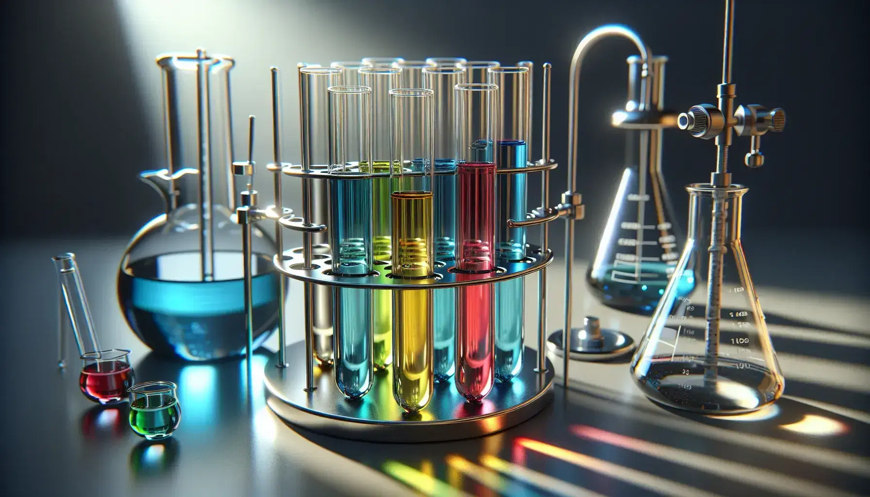 Primer plano de tubos de ensayo con líquidos de colores azul, amarillo, rojo y verde en soporte metálico, con matraz Erlenmeyer y mechero Bunsen apagado al fondo.