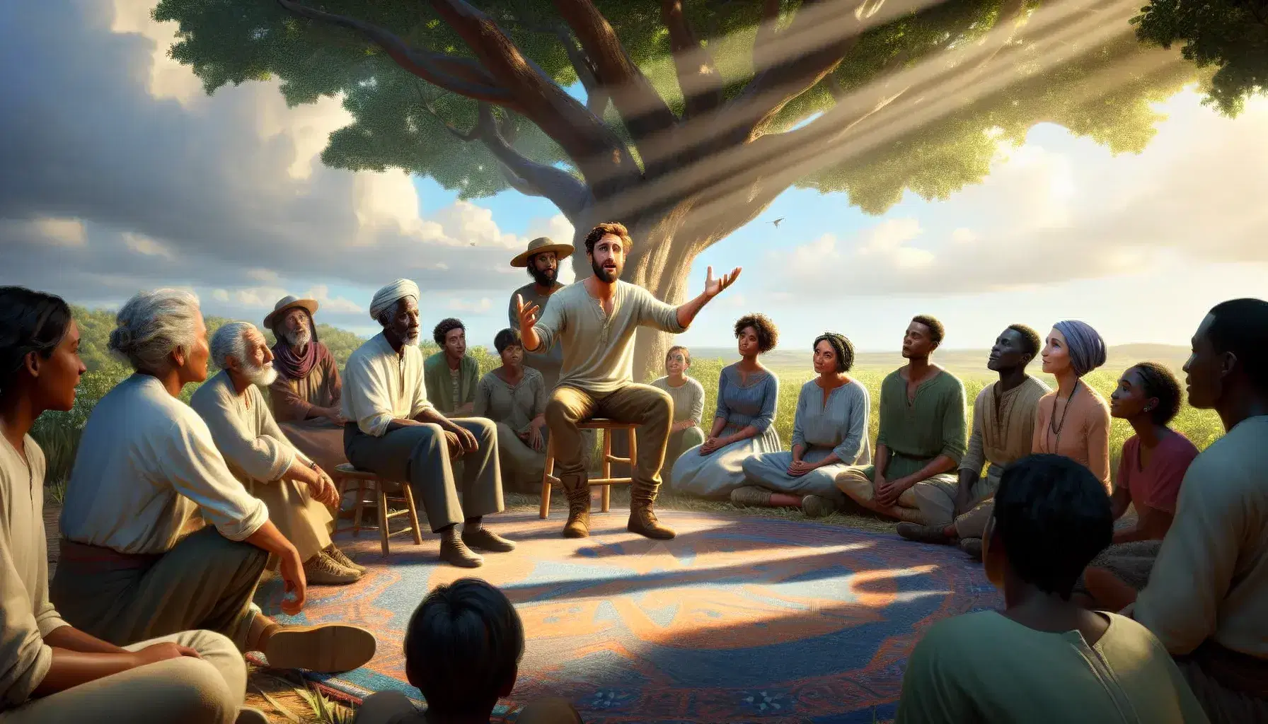 Grupo diverso escuchando atentamente a un narrador al aire libre bajo la sombra de un árbol, en un día soleado con cielo azul.
