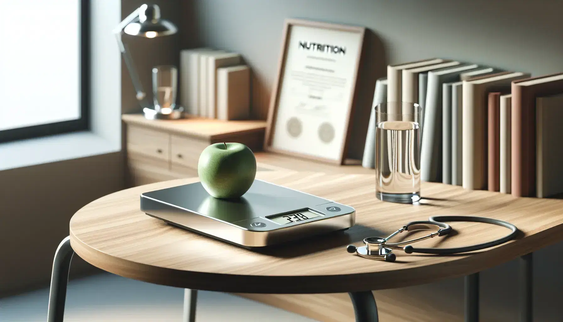 Nutritionist's office with digital scale and green apple on the table, glass of water, stethoscope and blurry bookcase in the background.