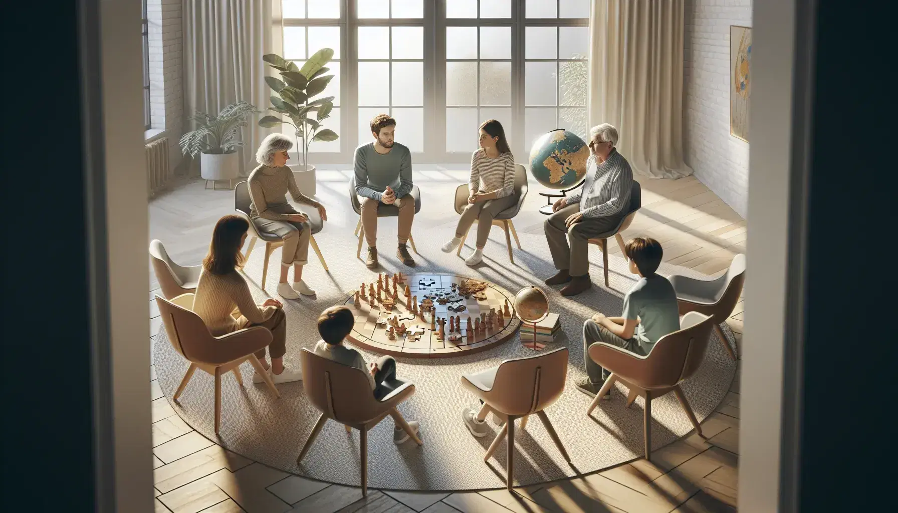 Gruppo di cinque persone sedute in cerchio discute attorno a puzzle, scacchiera e mappamondo in ambiente luminoso e accogliente.