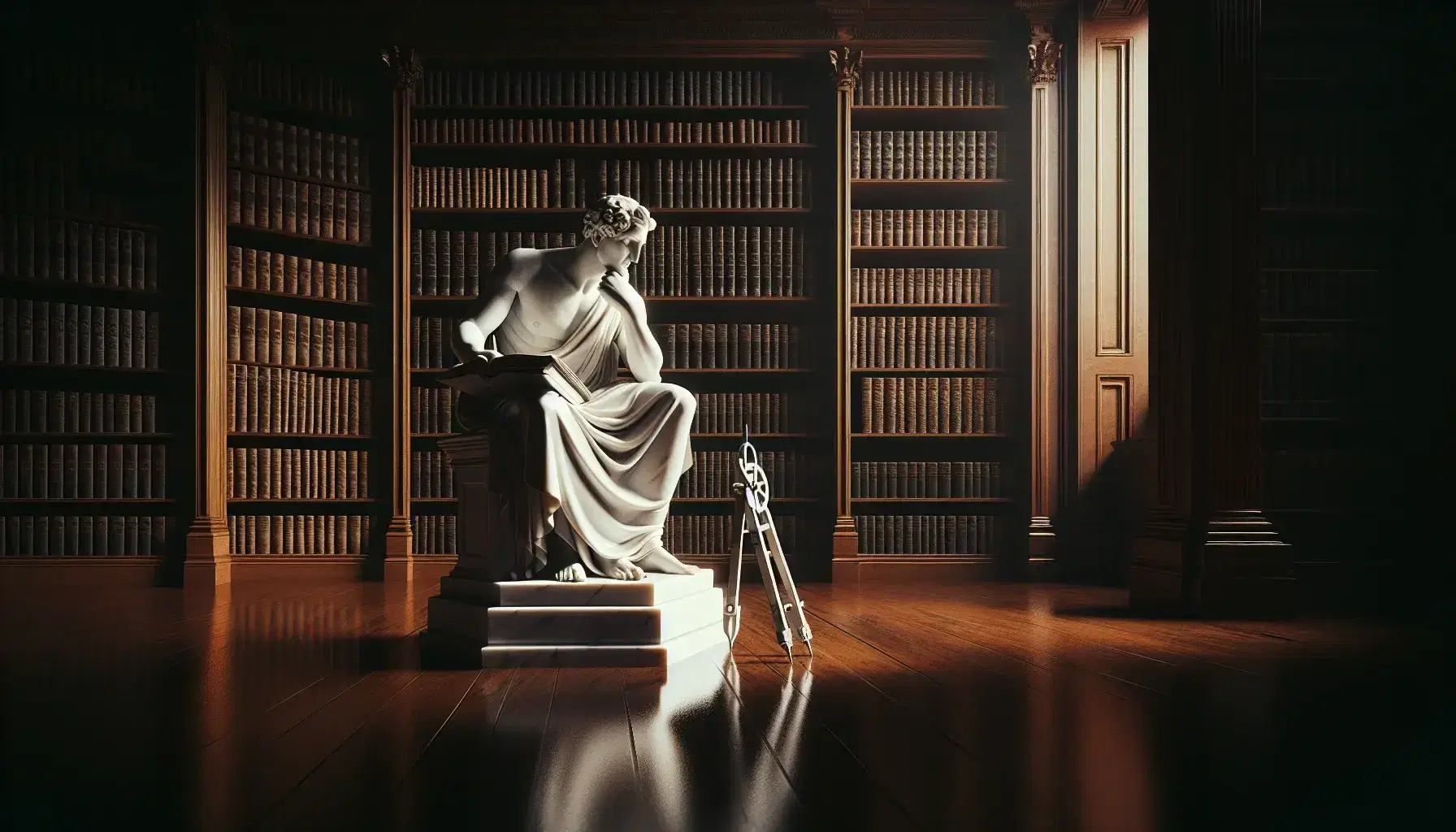 Statua in marmo bianco di figura pensierosa con compasso e libro su sfondo di libreria antica con libri rilegati e luce soffusa.