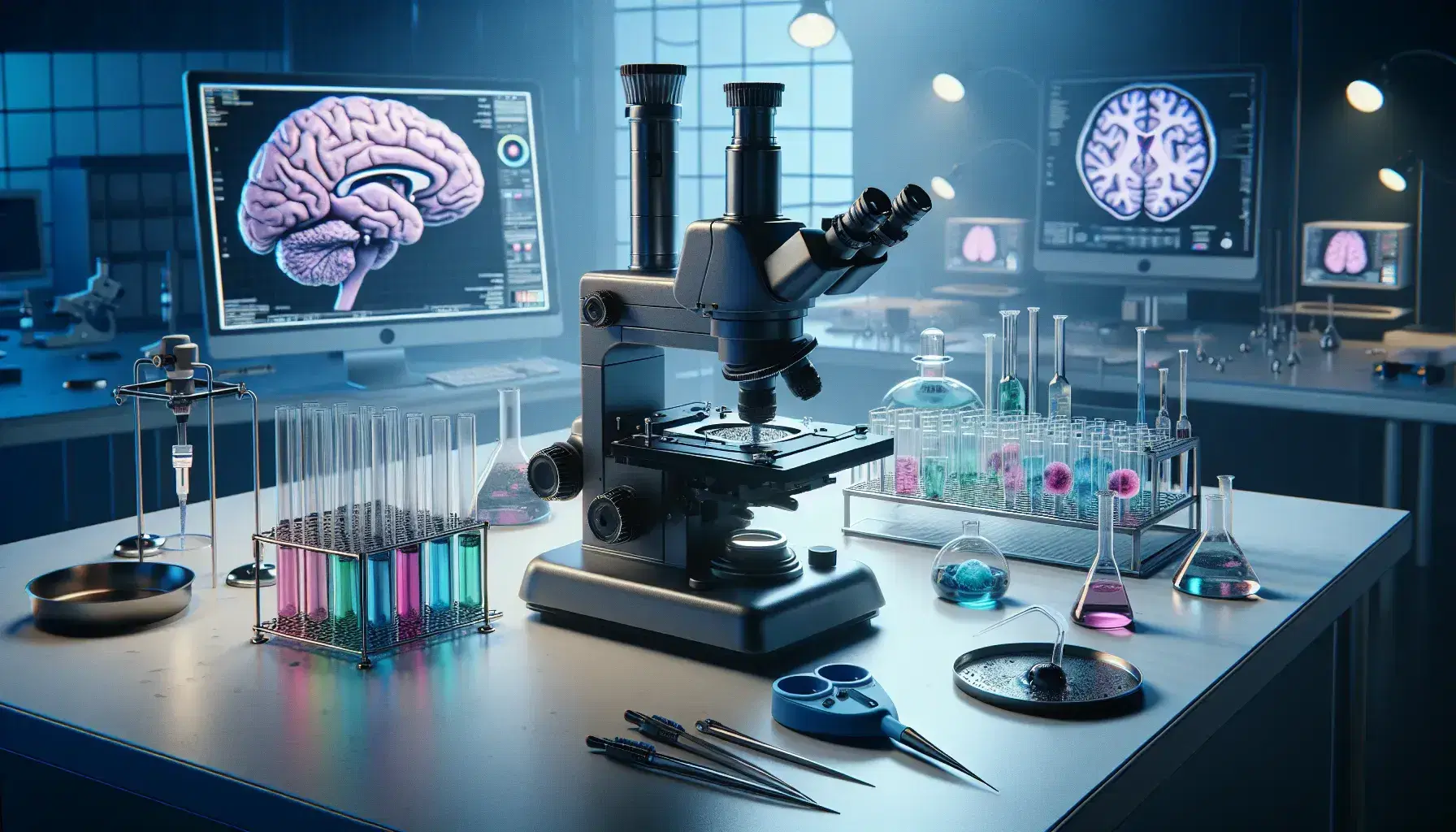 Laboratorio di neuroscienza con microscopio elettronico, modello cerebrale, provette colorate e pipetta su tavolo bianco, monitor in sfondo.