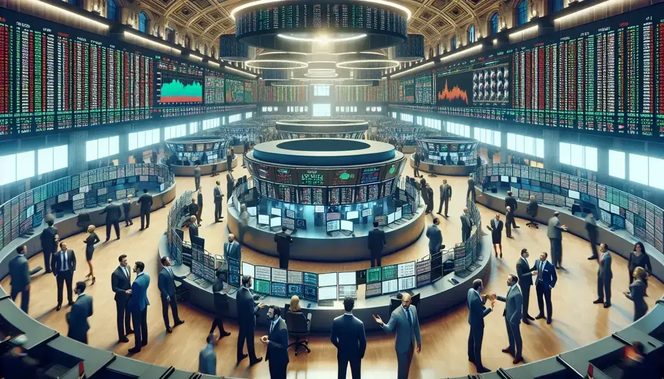 Busy stock exchange floor with traders in business attire gesturing and discussing around circular trading posts with monitors displaying graphs.