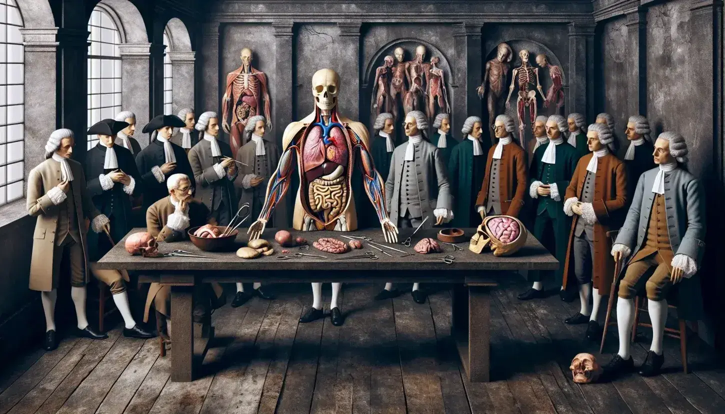 Sala anatomica storica con tavolo di dissezione, manichino con organi interni, figure in abiti d'epoca, scheletro e strumenti medici.