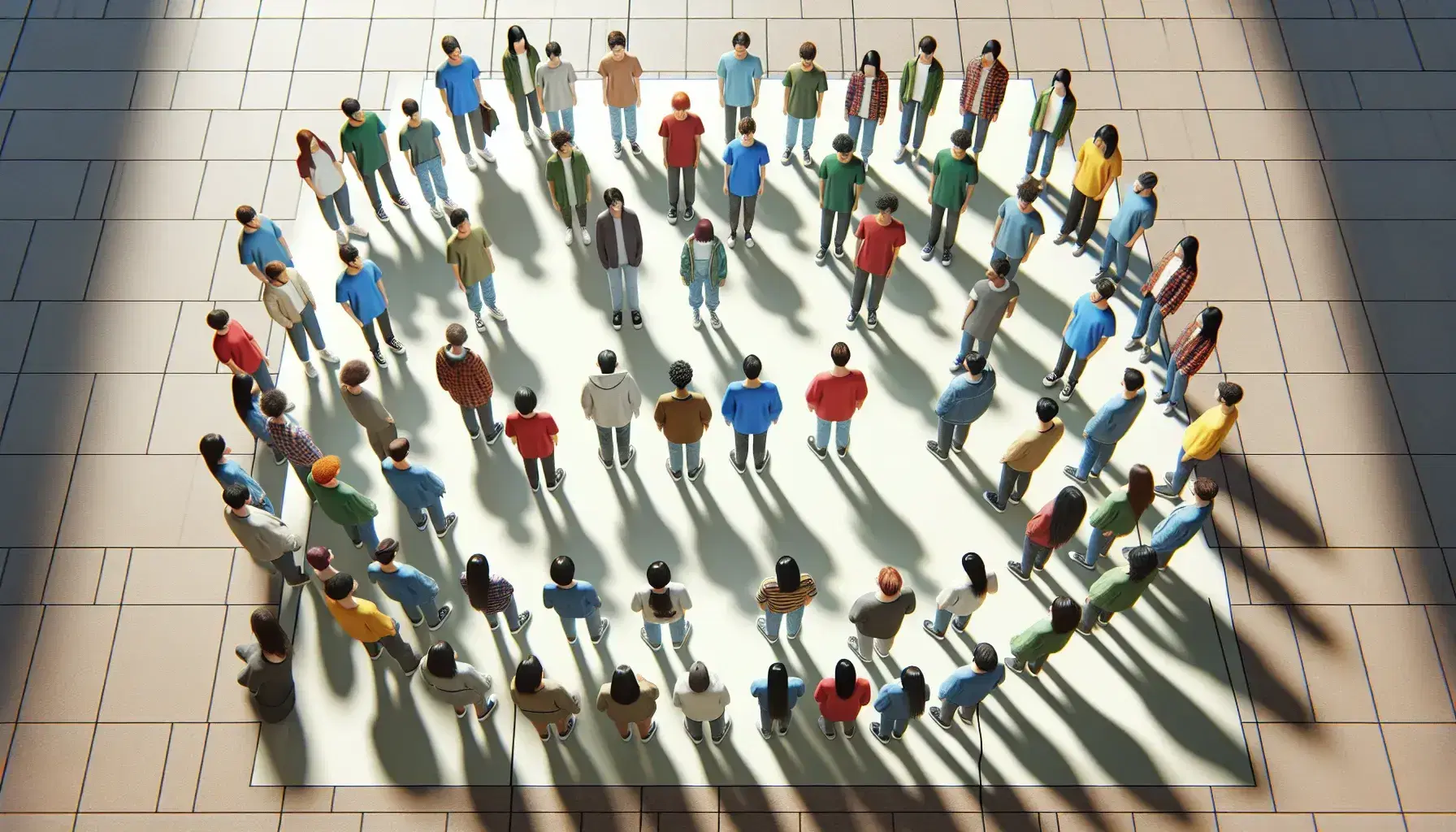 Grupo de personas formando un círculo en espacio abierto, visto desde arriba, con ropa colorida y manteniendo distancia entre sí.
