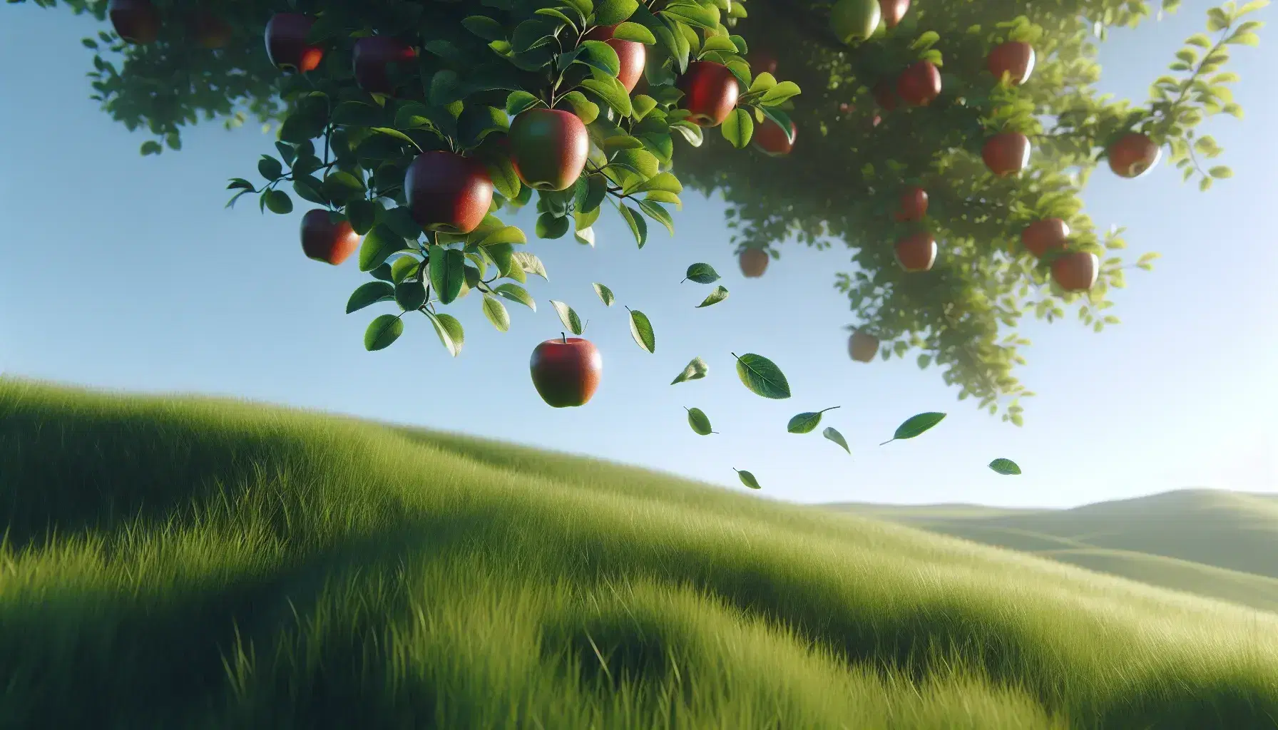 Lush apple tree on a grassy hill with a single red apple falling, clear blue sky above, and the sun casting gentle shadows on the vibrant green grass.