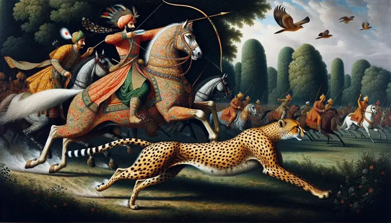 Mughal emperor on horseback with bow, cheetahs in pursuit, courtiers with falcons, set against a lush landscape under a golden sun.