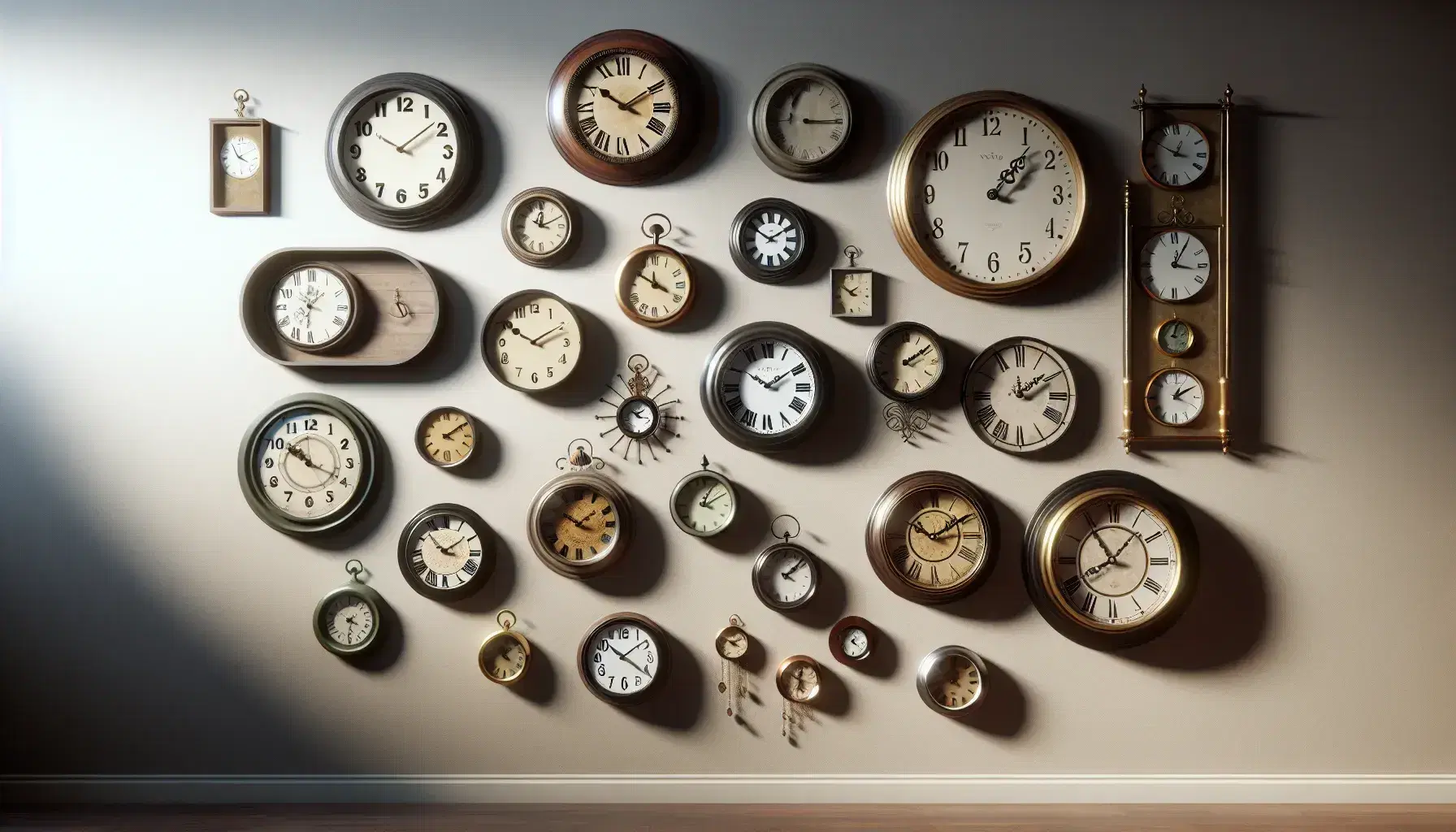Colección de relojes de pared de estilos variados y tamaños dispuestos irregularmente en una pared clara, con segundos en movimiento y sin presencia de texto.