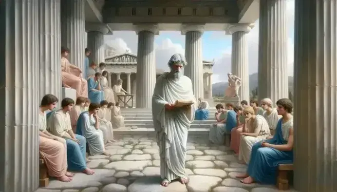 Filosofo greco in toga bianca con rotolo di papiro insegna a giovani allievi in un tempio antico, con ulivo e città sullo sfondo.