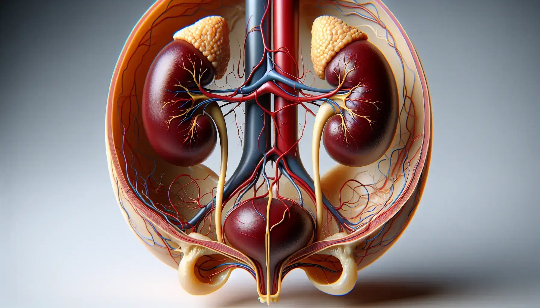 Modelo anatómico tridimensional del sistema urinario humano con riñones rojos, arterias, venas, uréteres amarillos y vejiga destacada.
