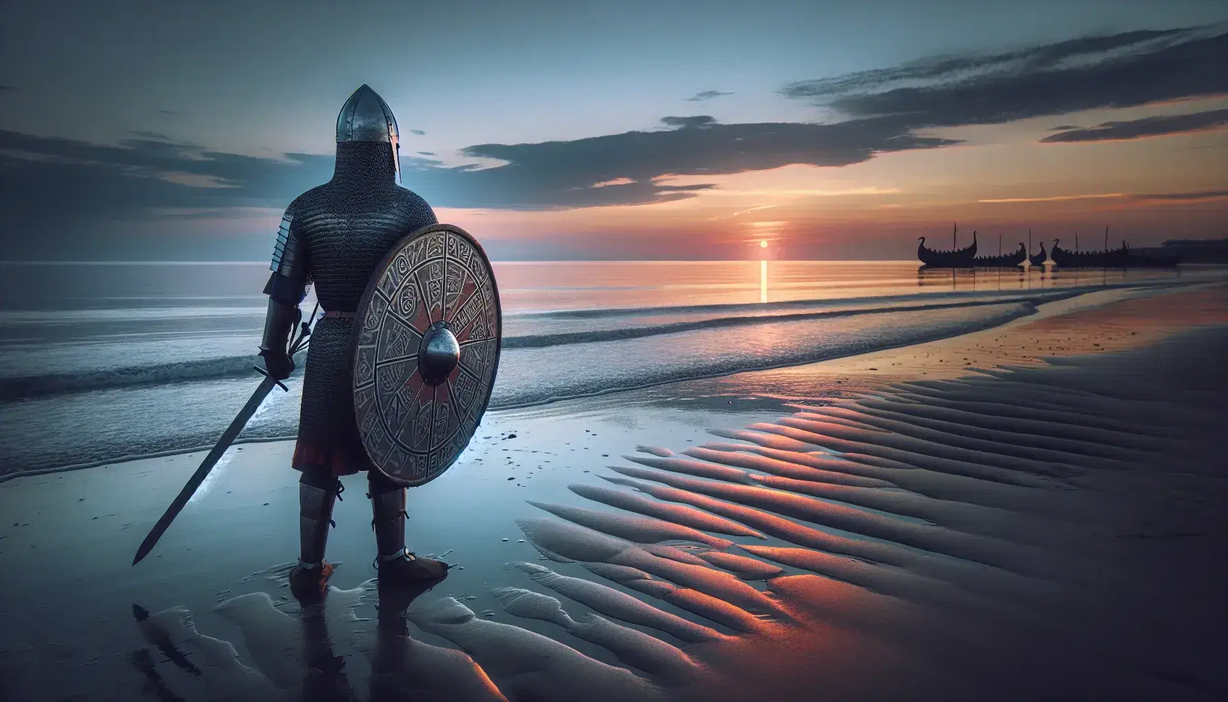 Guerriero medievale in armatura su spiaggia desolata al tramonto, con scudo rotondo e spada, sfondo di navi vichinghe e cielo sfumato.