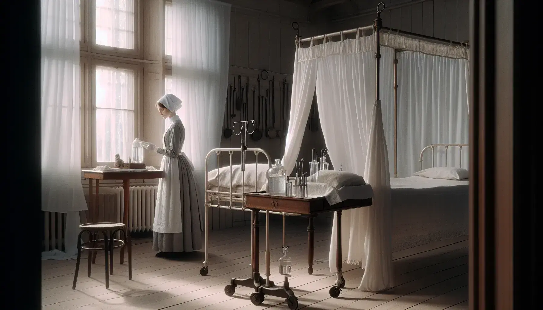 Enfermera de época en un hospital del siglo XIX atiende a paciente en cama, con mesa de instrumentos médicos antiguos y ventana que ilumina la habitación.