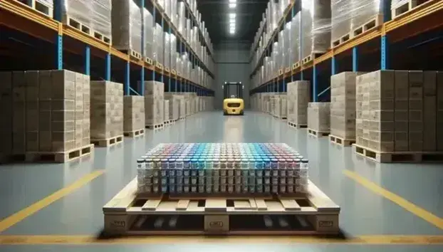 Vista en perspectiva de pallets de madera apilados en un almacén con contenedores de plástico de tapas coloridas y un montacargas amarillo al fondo.