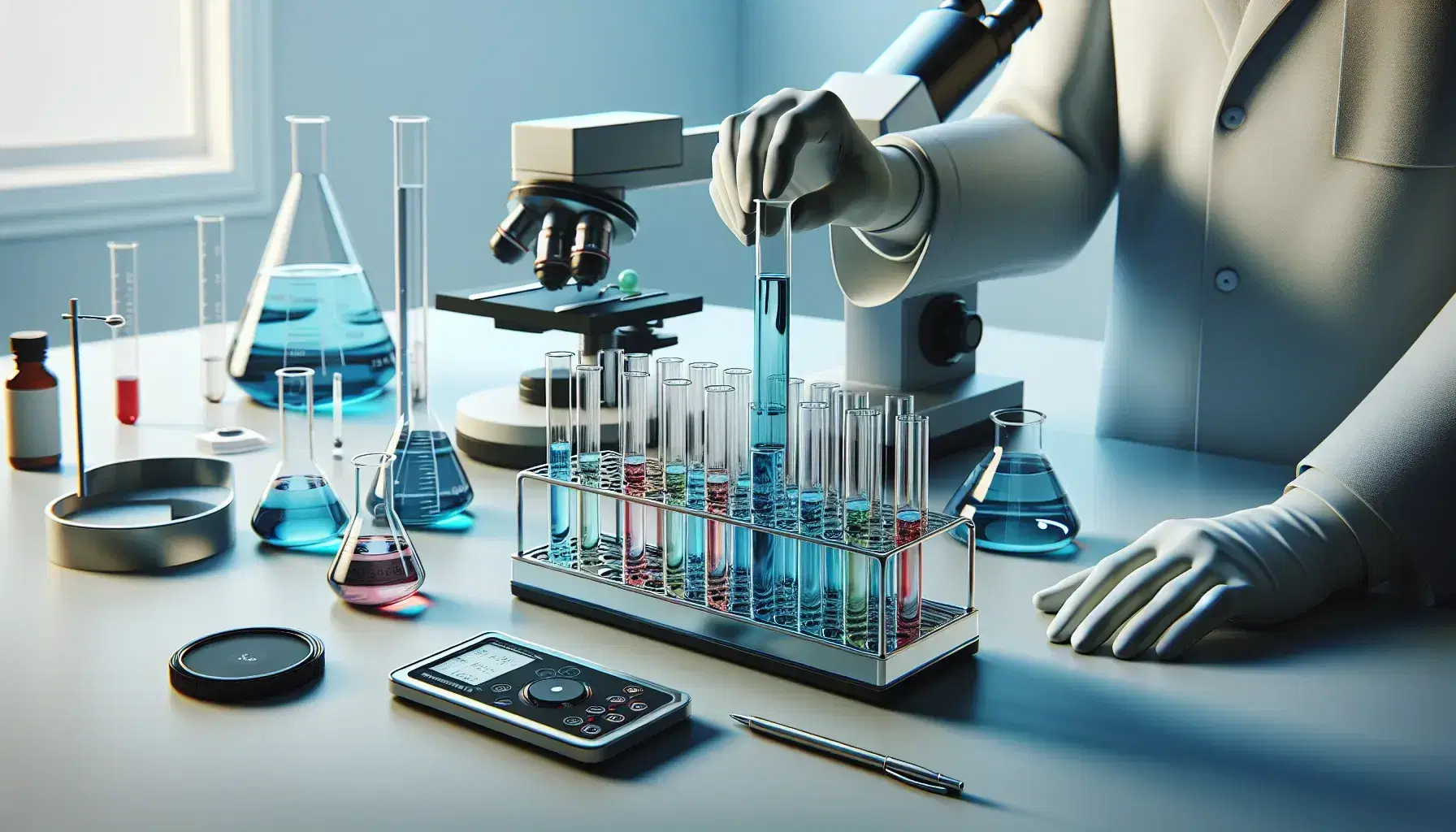 Laboratory with gloved hands inserting blue test tube into rack, digital scale, microscope and assistant in lab coat and safety glasses.
