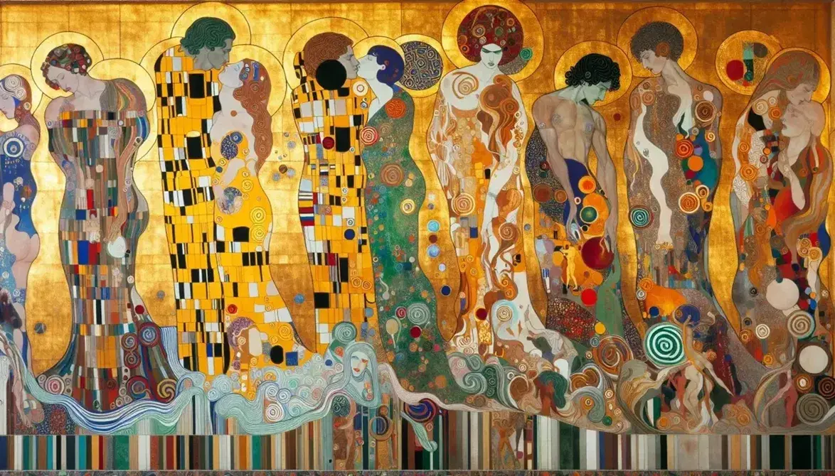 Sezione del Fregio di Beethoven di Gustav Klimt con figure stilizzate e motivi geometrici su sfondo dorato.