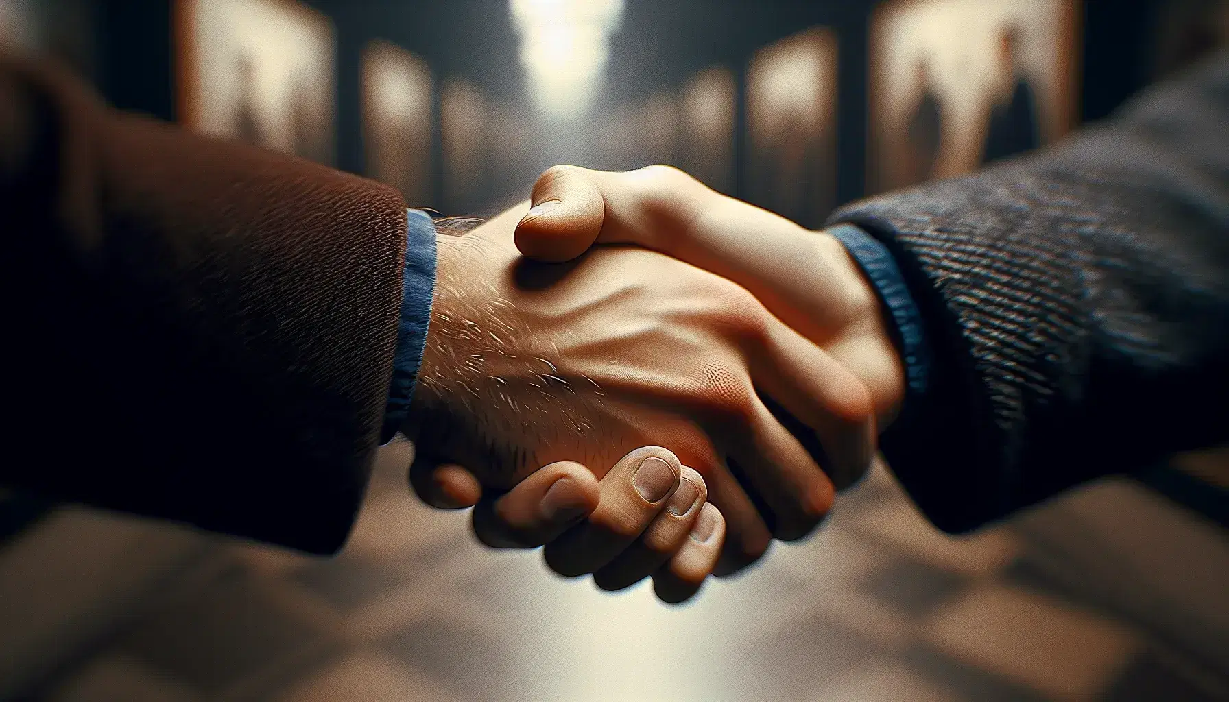 Apretón de manos entre dos personas de distinta tonalidad de piel, una con manga azul oscuro y otra con manga gris claro, en un fondo borroso.