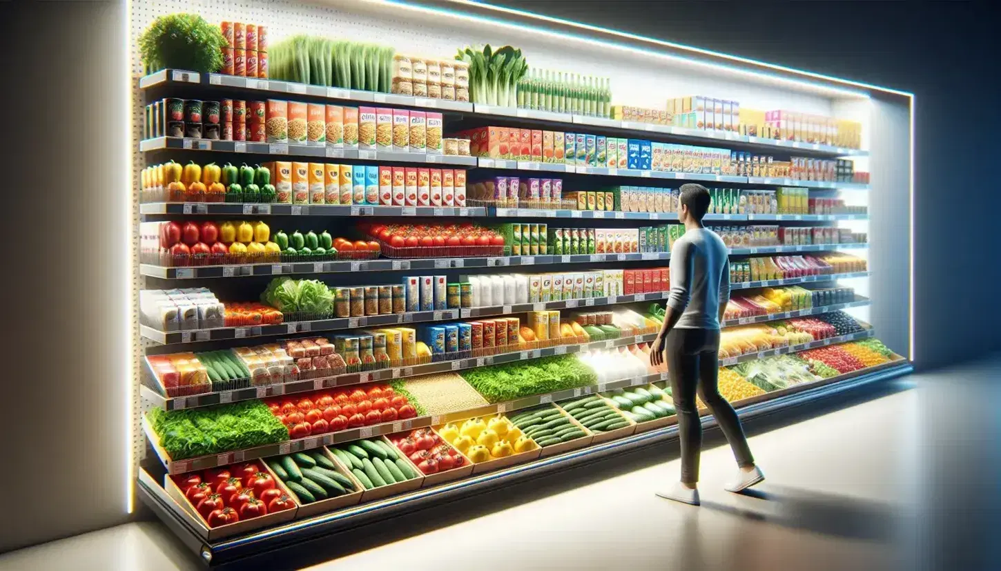 Estantes de supermercado con frutas y verduras frescas en la parte superior y productos envasados abajo, con un cliente revisando un artículo al fondo.