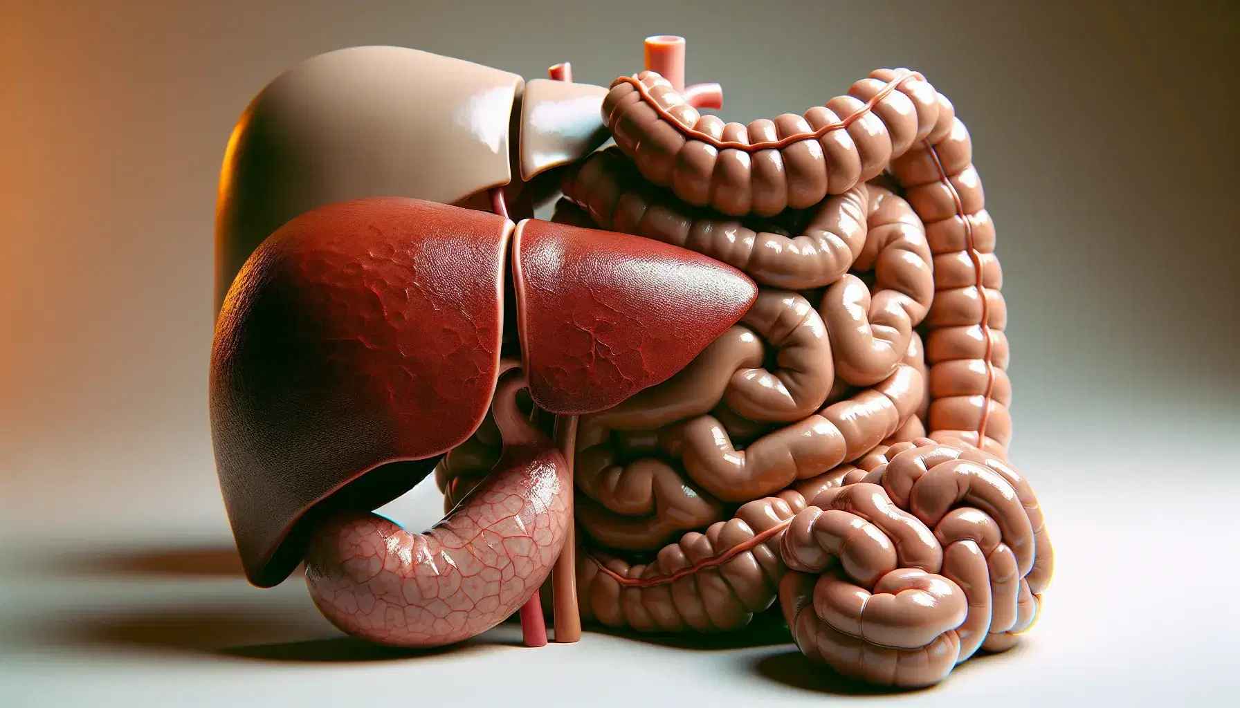 Modelo anatómico detallado que muestra hígado, páncreas y sección del intestino grueso sobre fondo neutro para fines educativos.