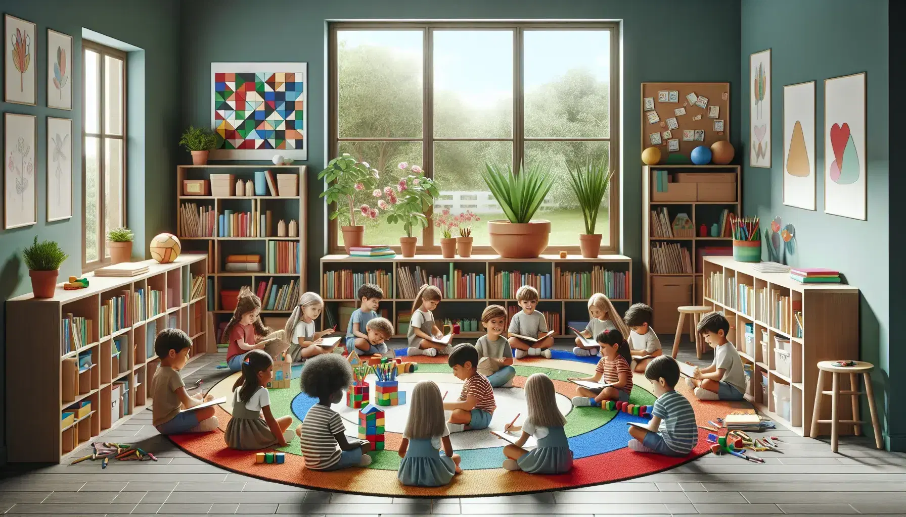Elementary age children interact with games and books on a colorful carpet in a bright, modern classroom with a smiling teacher.