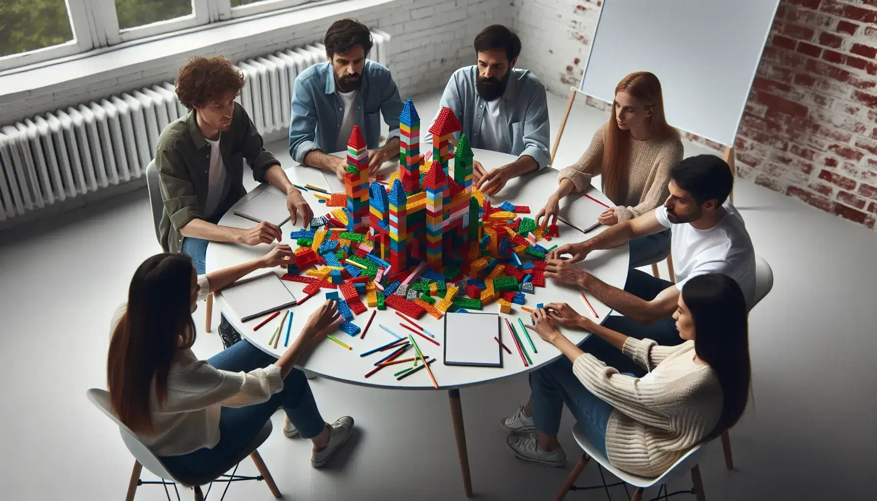 Grupo de cinco personas colaborando en la construcción de estructuras con bloques de construcción de colores en una mesa redonda.