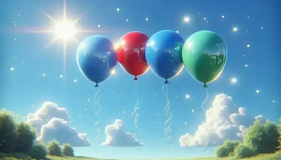 Globos de colores rojo, azul y verde flotando en el cielo claro con nubes dispersas, atados con cintas blancas y reflejando la luz del sol, sobre un fondo de árboles verdes.