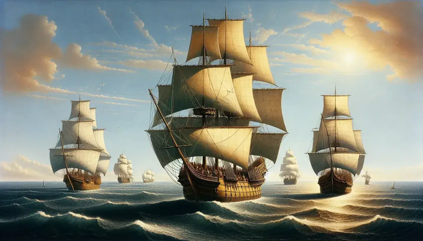 Three caravels sail across the open sea during the Age of Discovery, white sails blowing under a clear sky.