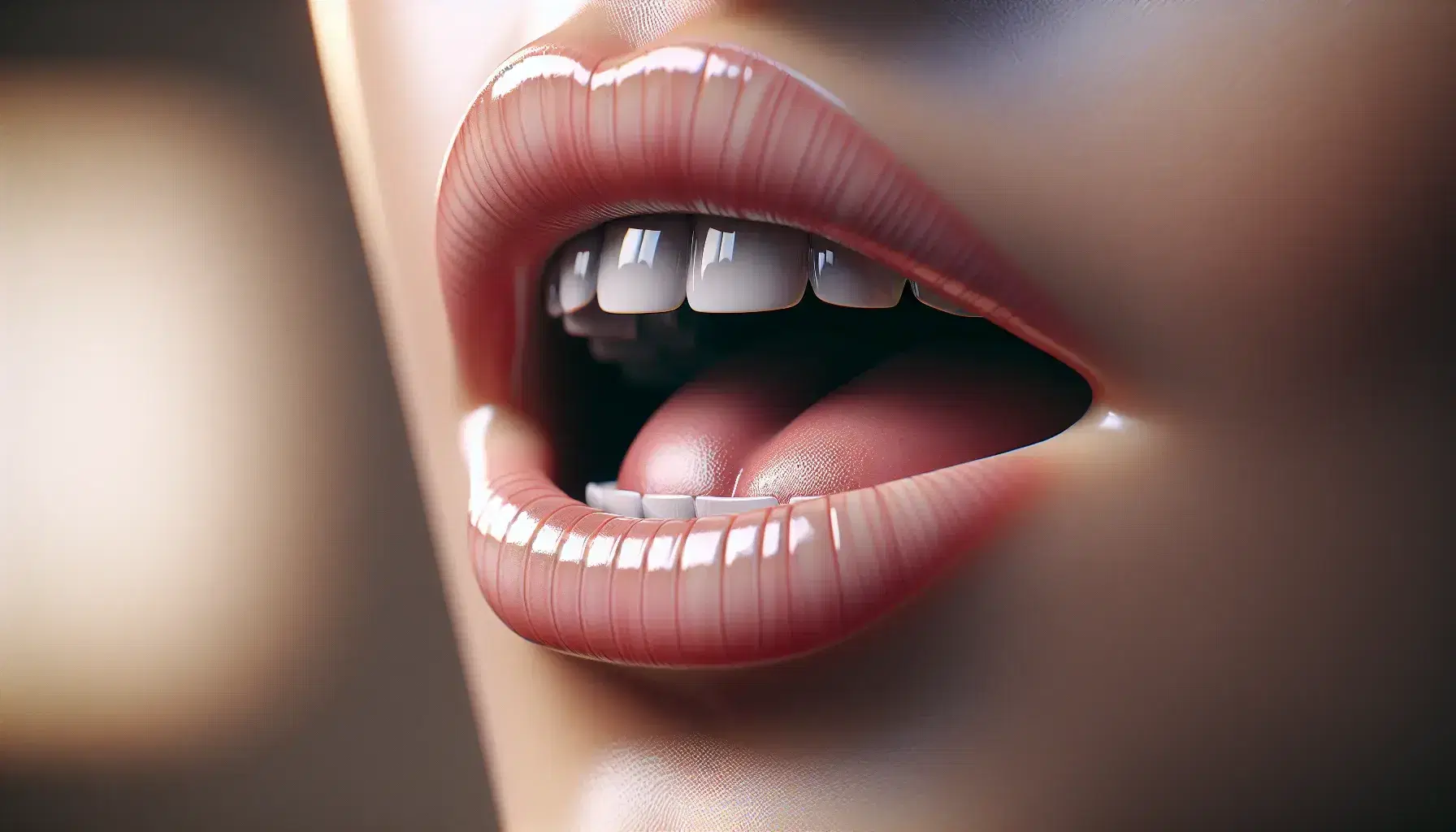 Close-up view of a human mouth with slightly parted lips and visible teeth during the articulation of a soft 'g' sound, against a blurred background.