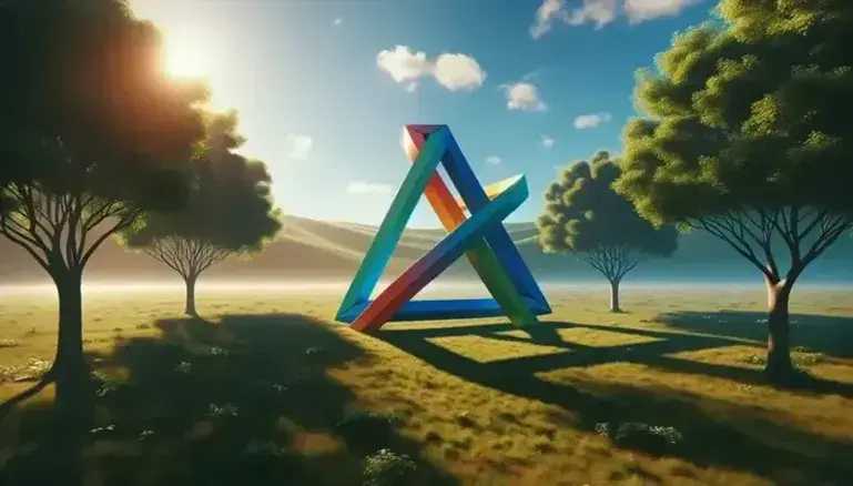 Triangolo rettangolo formato da nastri colorati rosso, blu e giallo su prato verde con alberi e colline sullo sfondo.