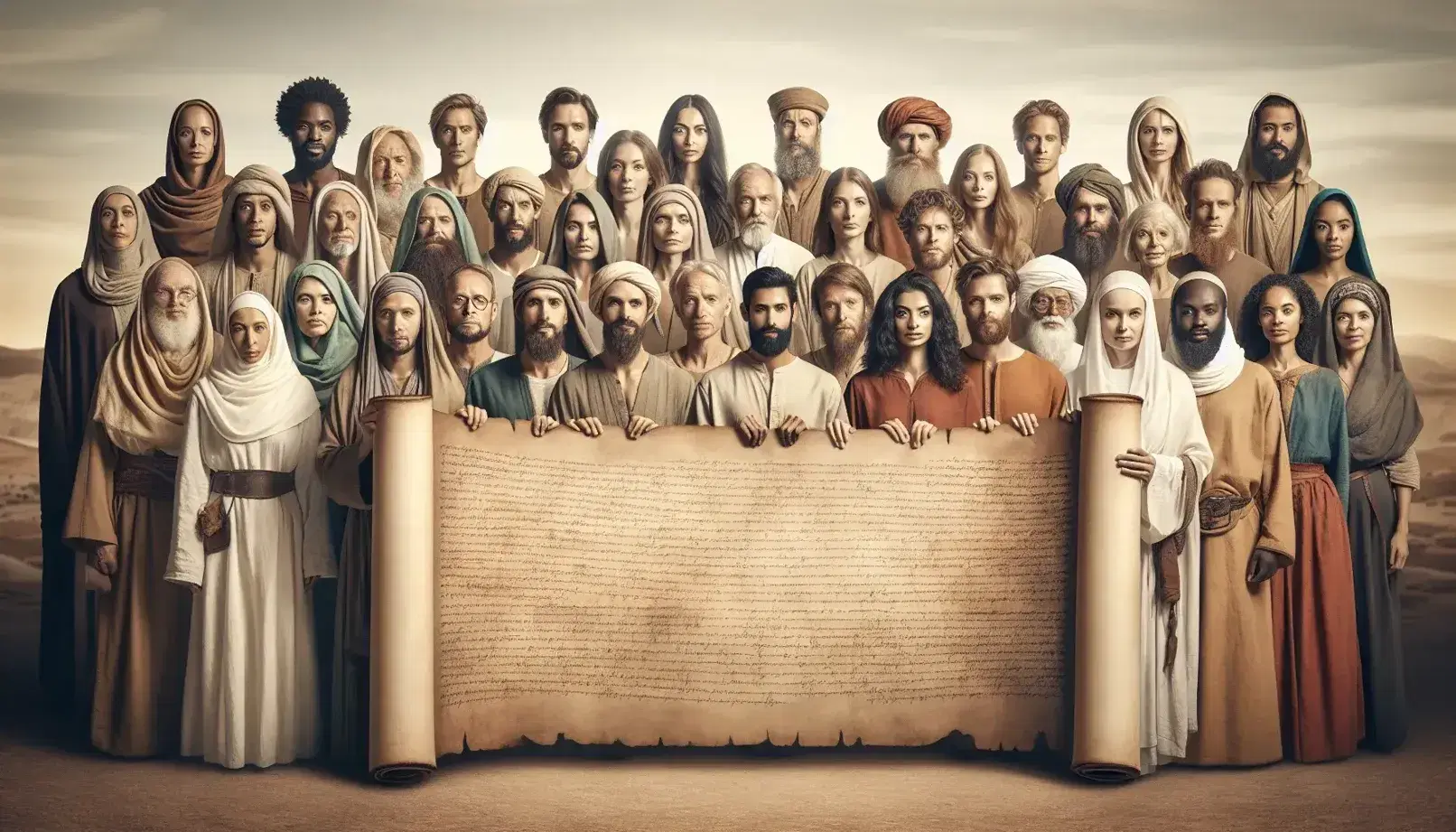 Diverse group stands in semi-circle around an ancient blank parchment on a wooden table, in a serene desert-like setting with soft lighting.