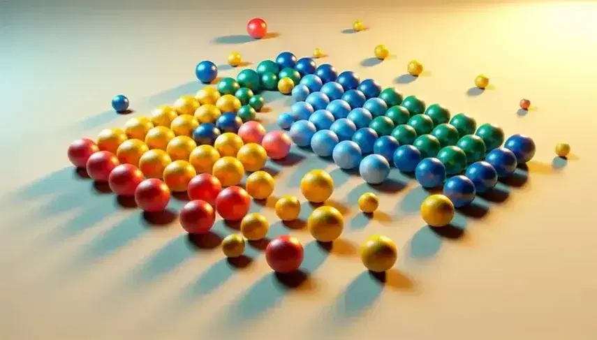 Esferas de colores variados agrupadas en racimos sobre superficie lisa, con iluminación uniforme y perspectiva que añade profundidad.