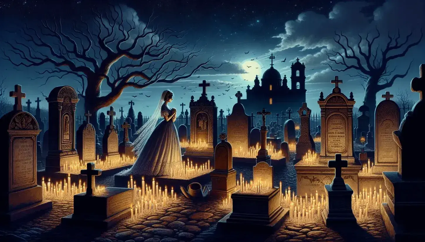 Cementerio mexicano antiguo de noche con tumbas y velas encendidas, silueta de iglesia al fondo y figura femenina de blanco frente a las tumbas.