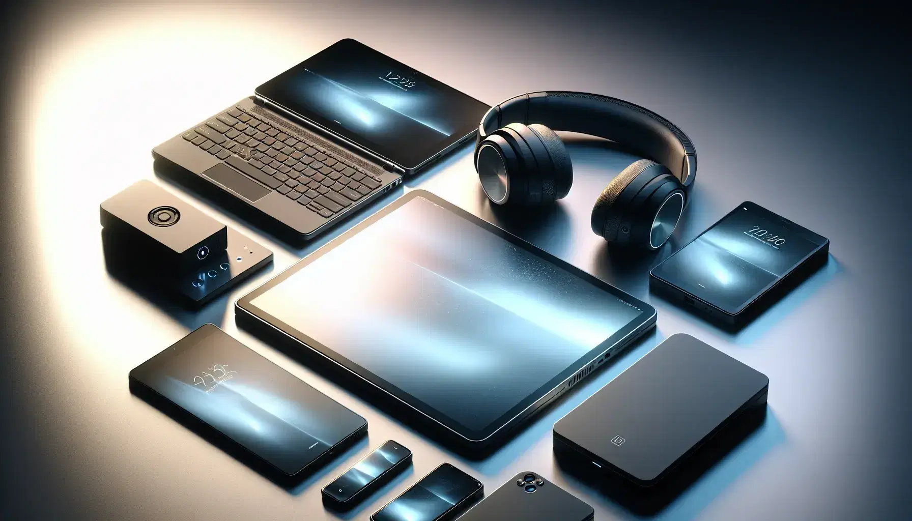 Conjunto de dispositivos electrónicos modernos sobre superficie clara, incluyendo portátil abierto, tablet, smartphone en soporte y auriculares inalámbricos negros.