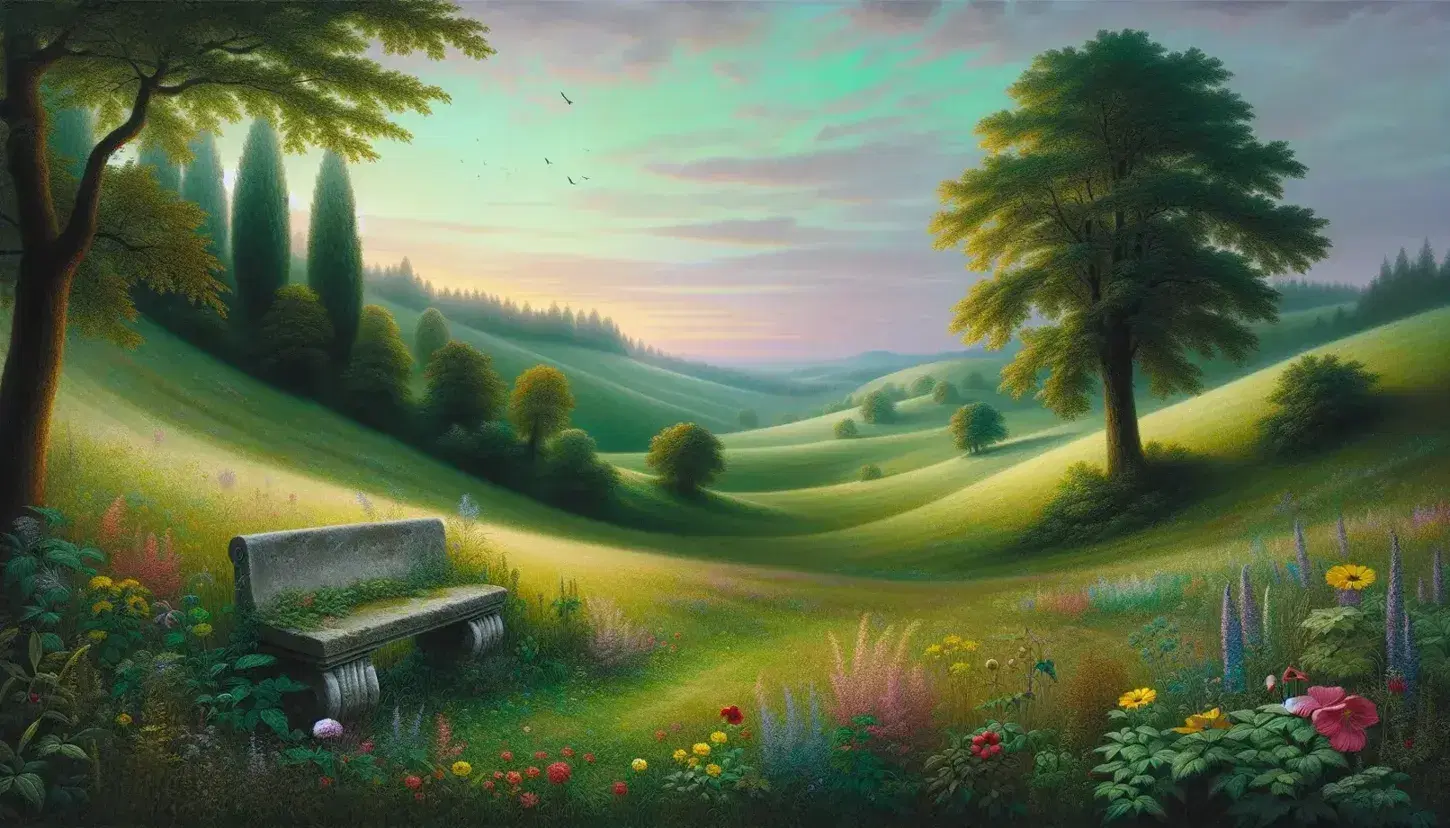 Paesaggio bucolico con prato verde, fiori selvatici colorati, panchina di pietra, collina e tramonto pastello, evocativo di Leopardi.